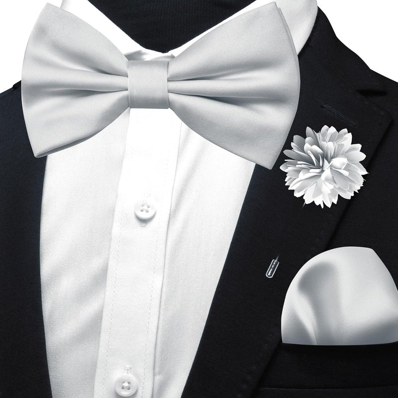 Branduce Solid Color Pre-tied Bow Tie and Pocket Square Lapel Pin Set for Men - Image 2